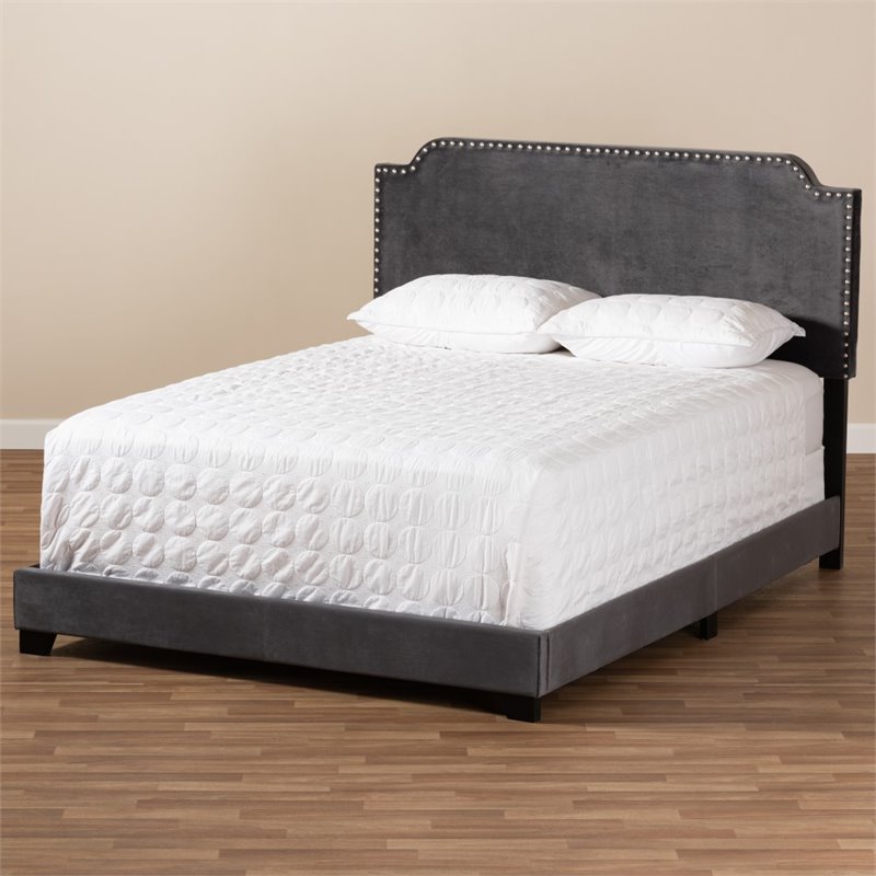 Bowery Hill Velvet Nailhead Upholstered Full Bed in Grey