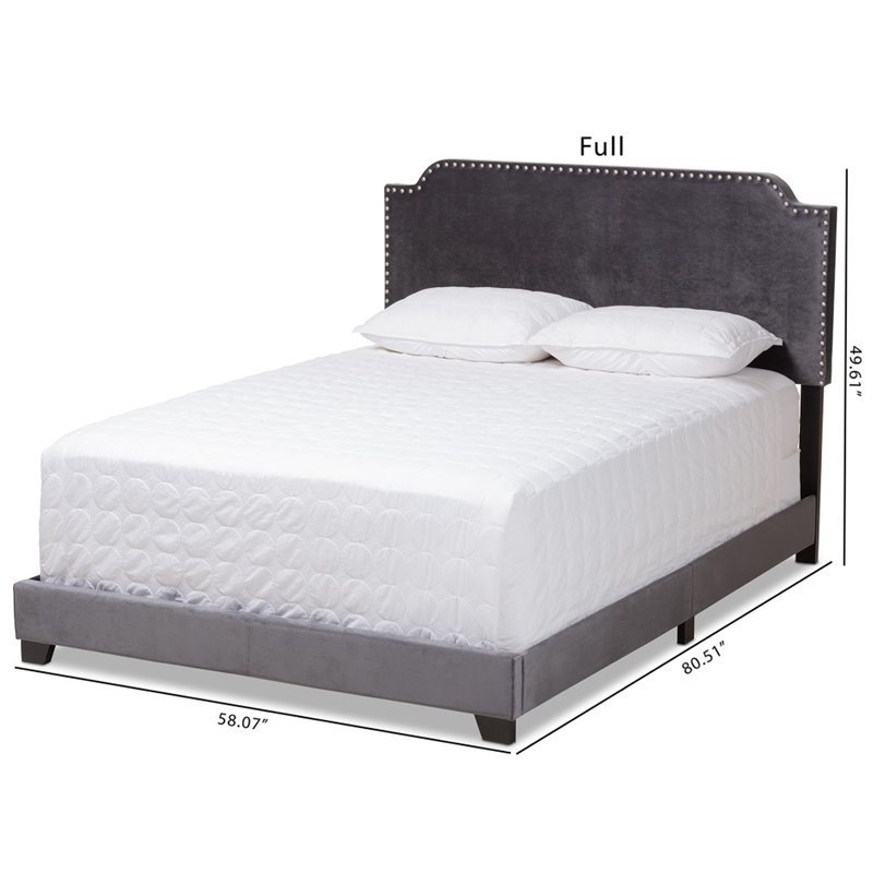 Bowery Hill Velvet Nailhead Upholstered Full Bed in Grey
