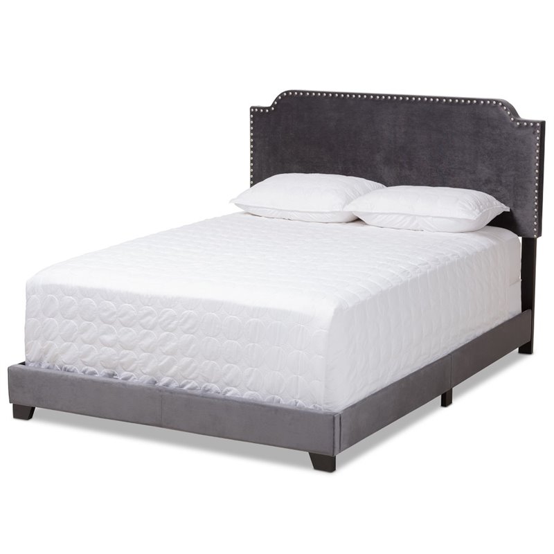 Bowery Hill Velvet Nailhead Upholstered Full Bed in Grey