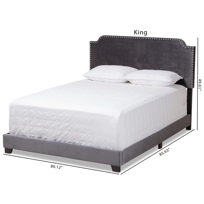 Bowery Hill Velvet Nailhead Upholstered King Bed in Grey