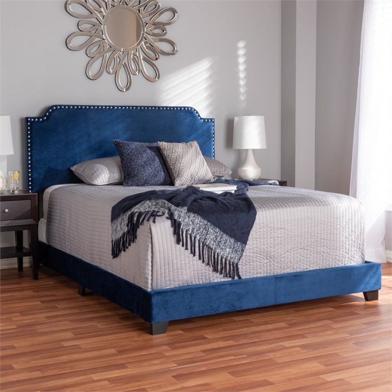 Bowery Hill Modern Upholstered Velvet Nailhead Full Bed in Navy Blue
