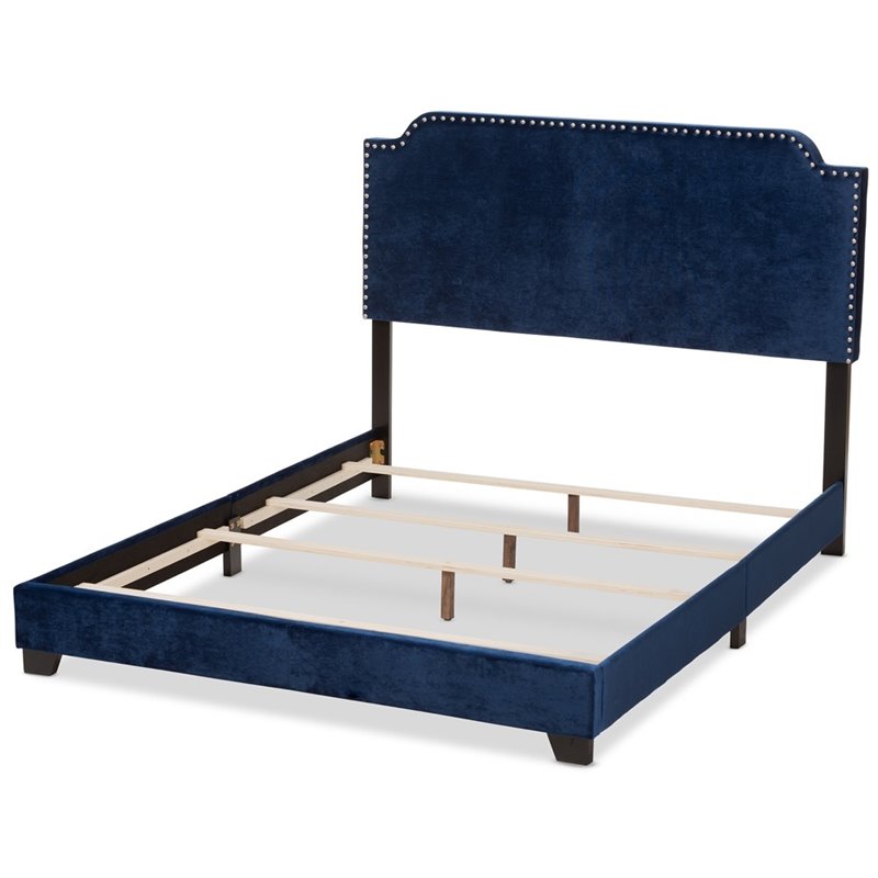 Bowery Hill Modern Upholstered Velvet Nailhead Full Bed in Navy Blue
