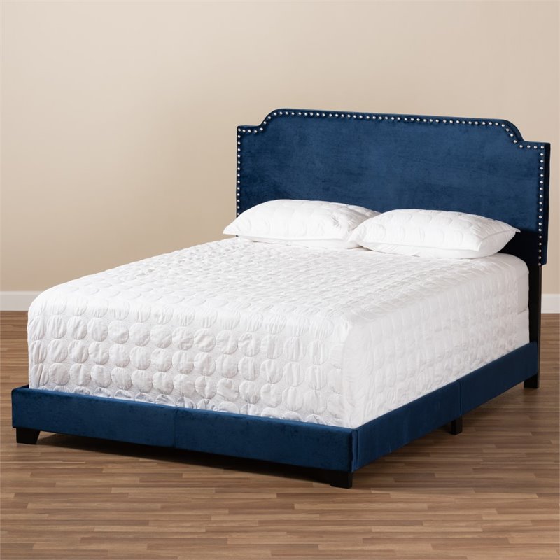 Bowery Hill Modern Upholstered Velvet Nailhead Full Bed in Navy Blue