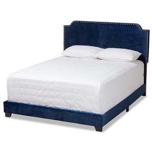 Bowery Hill Velvet Nailhead Upholstered King Bed in Navy