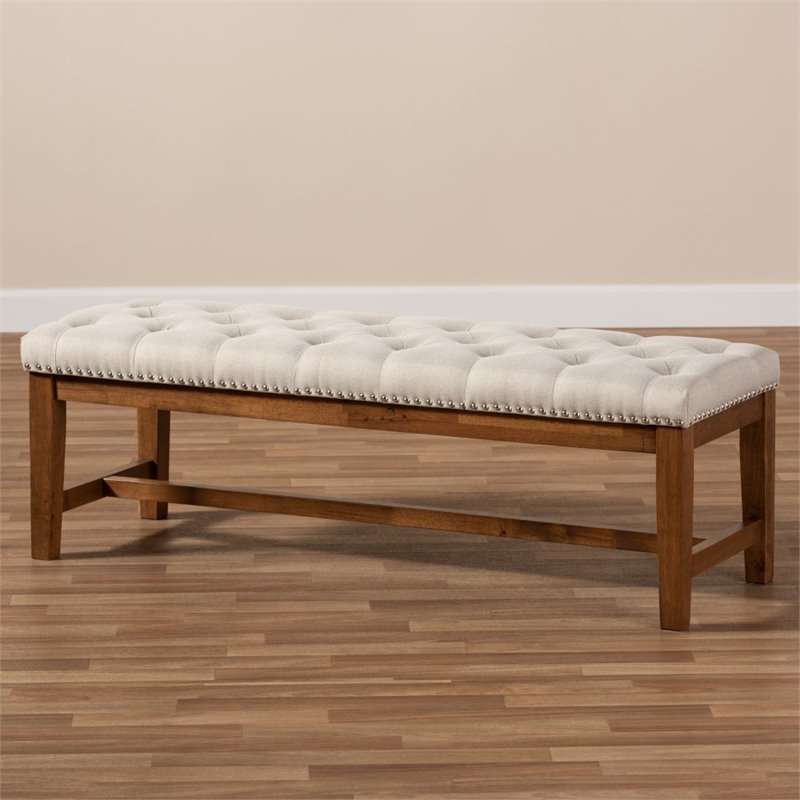 Bowery Hill Tufted Bench in Light Beige and Walnut Brown