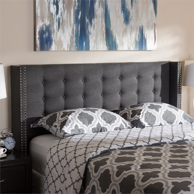 Bowery Hill Fabric King Panel Headboard with Diamond Button-Tufted in Dark Gray