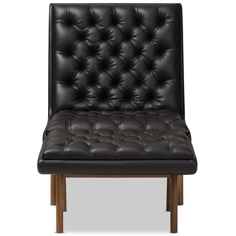Bowery Hill Mid Century Tufted Faux Leather Accent Chair and Ottoman Set