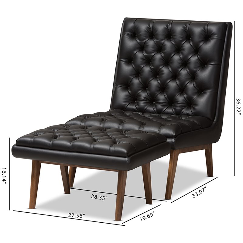Bowery Hill Mid Century Tufted Faux Leather Accent Chair and Ottoman Set