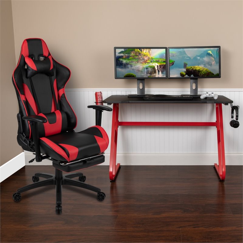 Bowery Hill Z-Frame Gaming Desk and Reclining Swivel Chair in Red