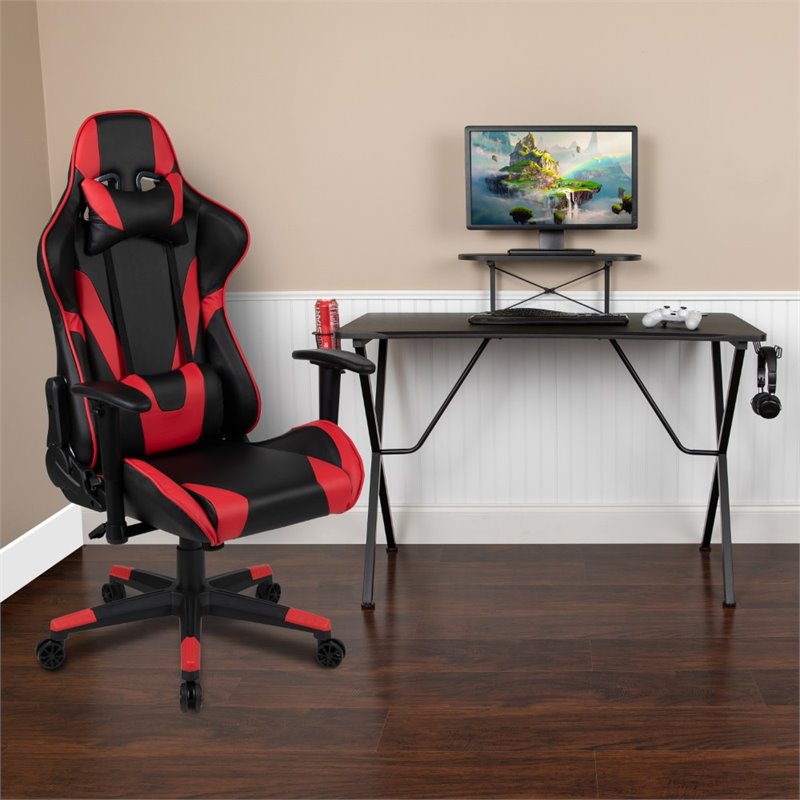 Bowery Hill Gaming Desk and Reclining Swivel Chair in Black and Red