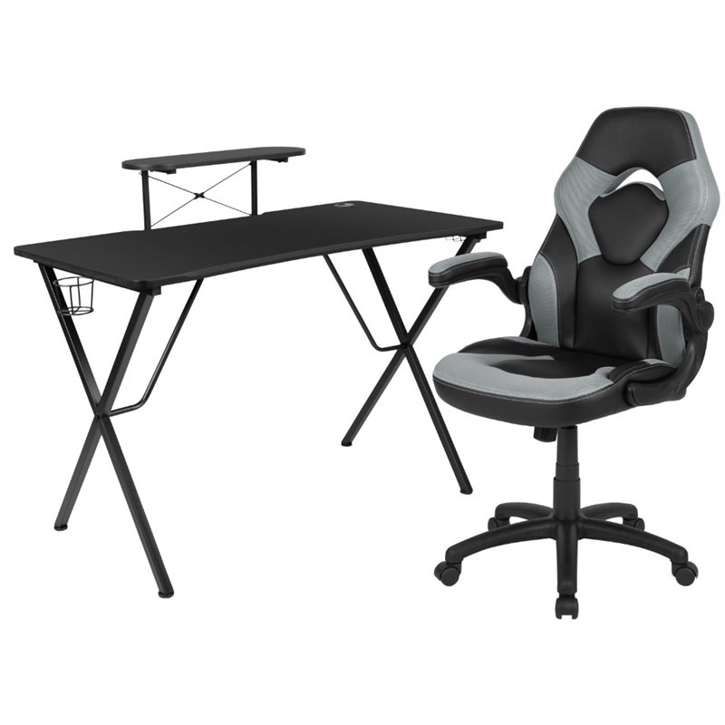 Bowery Hill 2 Piece Gaming Desk Set with Monitor Stand in Black and Gray