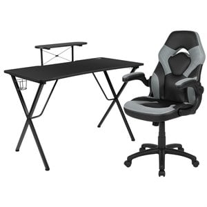 Bowery Hill 2 Piece Gaming Desk Set with Monitor Stand in Black and Gray