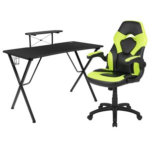 Bowery Hill 2 Piece Gaming Desk Set with Monitor Stand in Black and Green