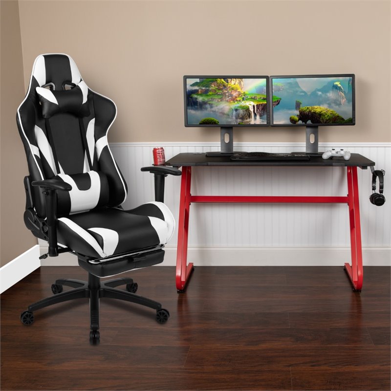 Bowery Hill Z-Frame Gaming Desk and Reclining Swivel Chair in Red and Black