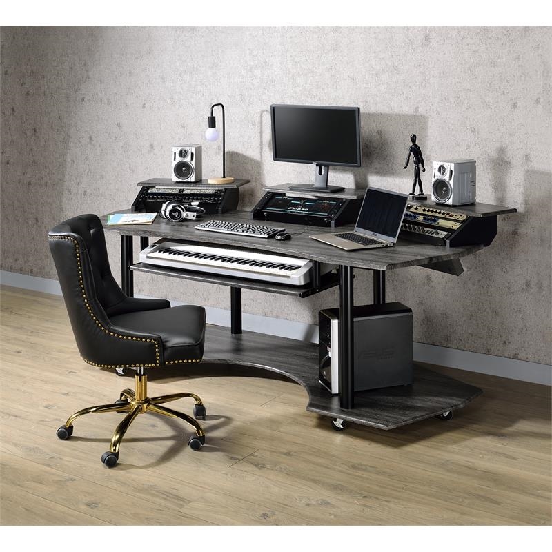 Bowery Hill Contemporary 4-Shelf Wood Music Recording Studio Desk in Black Oak