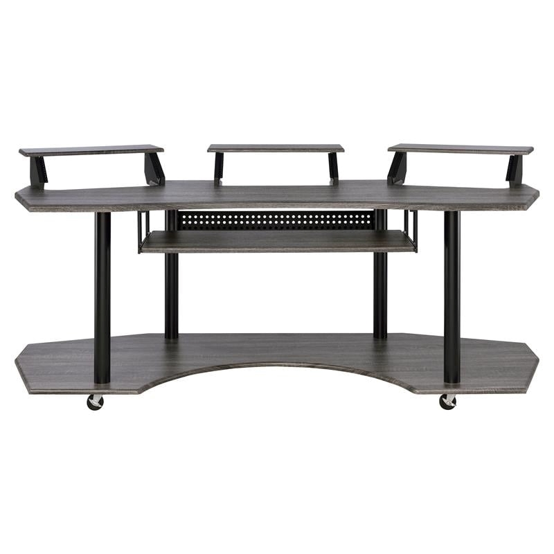Bowery Hill Contemporary 4-Shelf Wood Music Recording Studio Desk in Black Oak