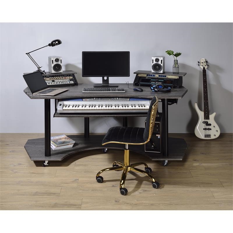 Bowery Hill Contemporary 3-Shelf Wood Music Recording Studio Desk in Black Oak