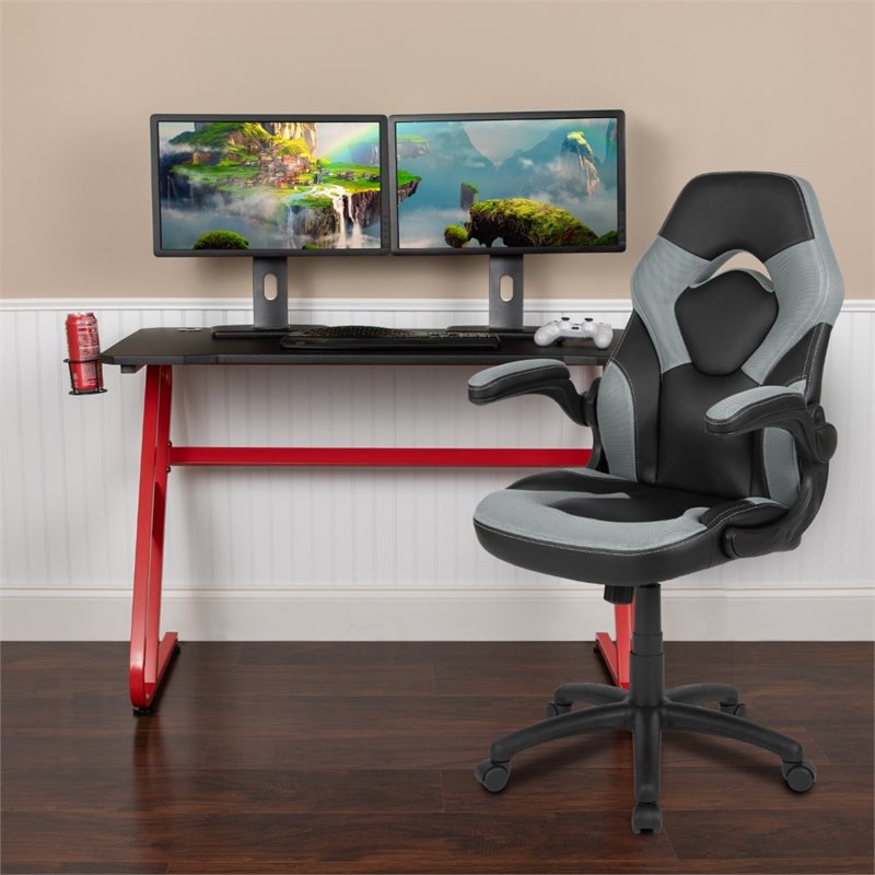 Bowery Hill 2 Piece Z-Frame Gaming Desk Set in Red and Gray