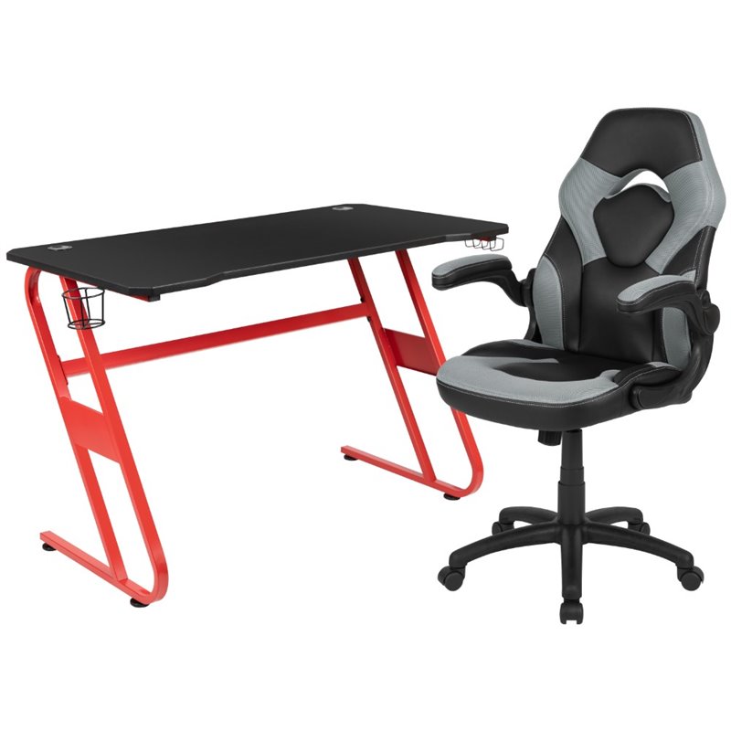 Bowery Hill 2 Piece Z-Frame Gaming Desk Set in Red and Gray