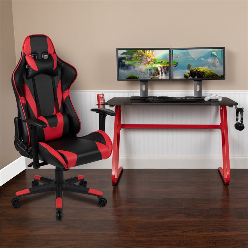 Bowery Hill Z-Frame Gaming Desk and Reclining Swivel Chair in Red