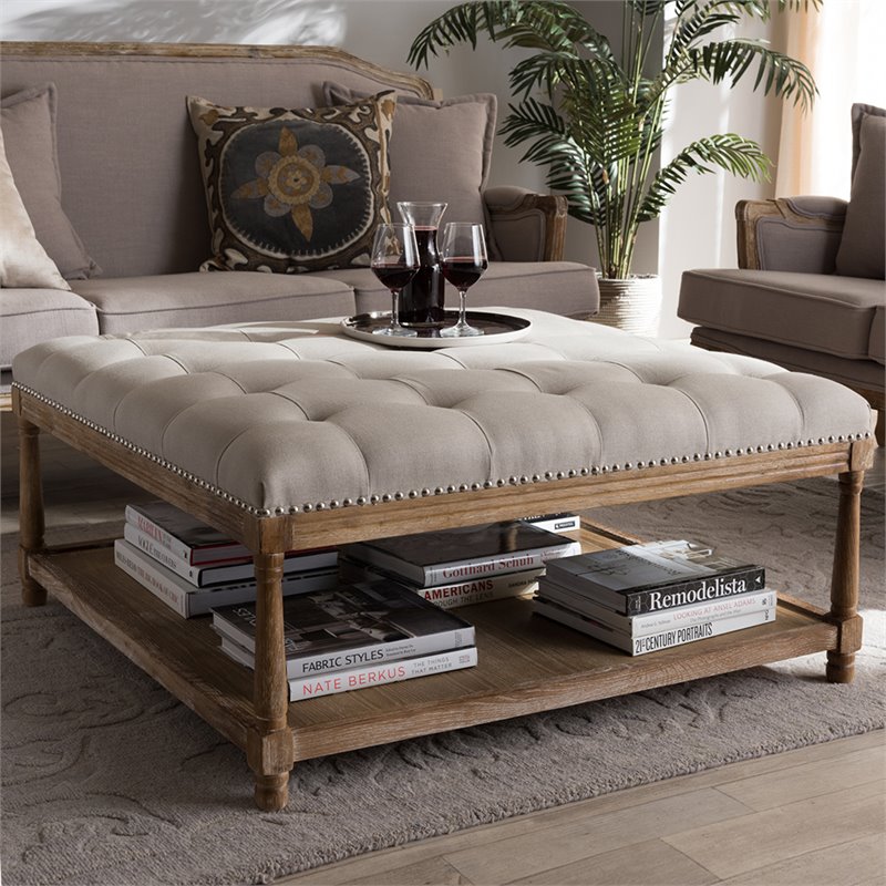 Bowery Hill Linen Beige Coffee Table Ottoman Square Button-Tufted 39.37