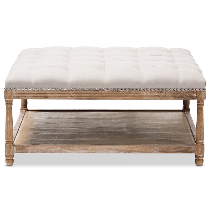 Bowery Hill Linen Beige Coffee Table Ottoman Square Button-Tufted 39.37