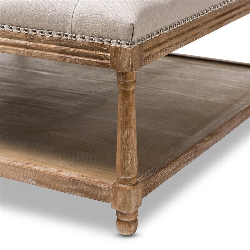 Bowery Hill Linen Beige Coffee Table Ottoman Square Button-Tufted 39.37
