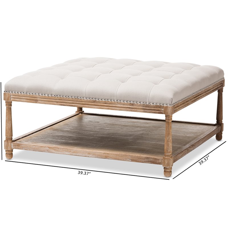 Bowery Hill Linen Beige Coffee Table Ottoman Square Button-Tufted 39.37