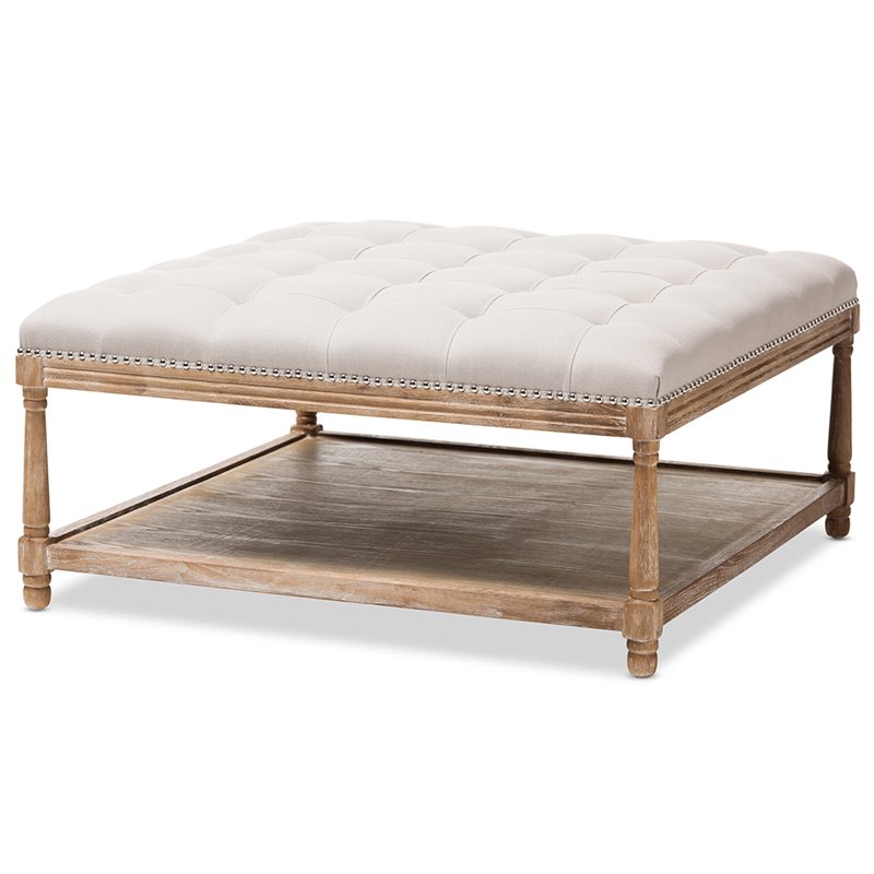 Bowery Hill Linen Beige Coffee Table Ottoman Square Button-Tufted 39.37