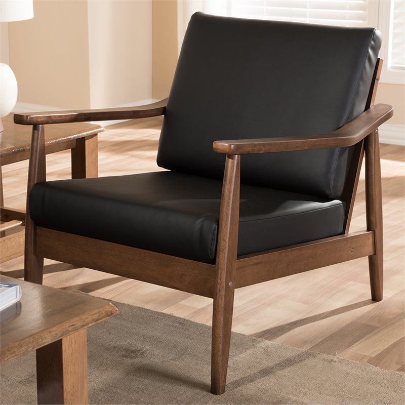 Bowery Hill Faux Leather Black and Brown Accent Arm Chair Rectangular Removable Cushions 29.53