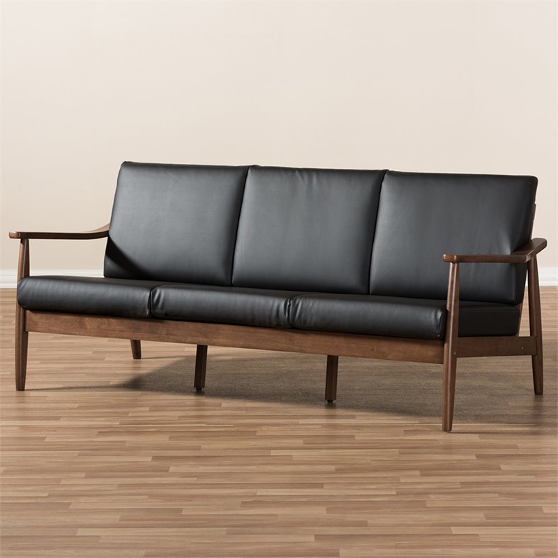 Bowery Hill Faux Leather Black Sofa Rectangular Removable Cushions 72