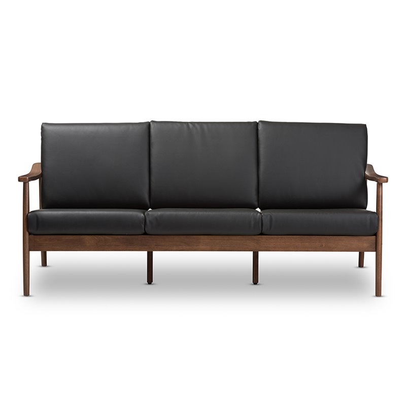Bowery Hill Faux Leather Black Sofa Rectangular Removable Cushions 72