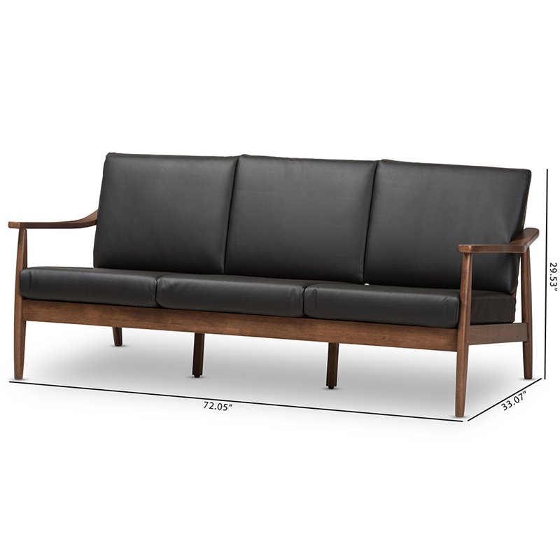 Bowery Hill Faux Leather Black Sofa Rectangular Removable Cushions 72