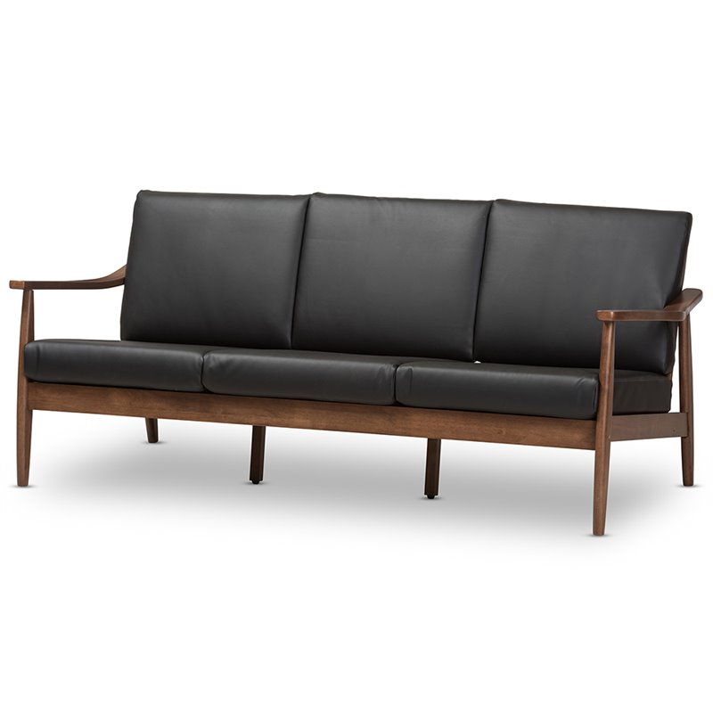 Bowery Hill Faux Leather Black Sofa Rectangular Removable Cushions 72