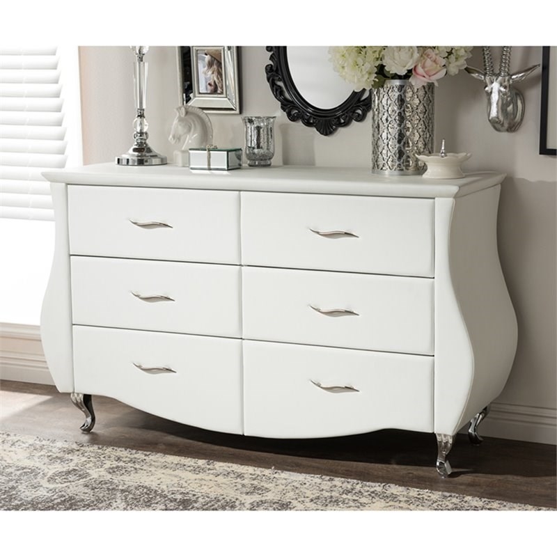 Bowery Hill 6 Drawer Faux Leather Double Dresser in Matte White