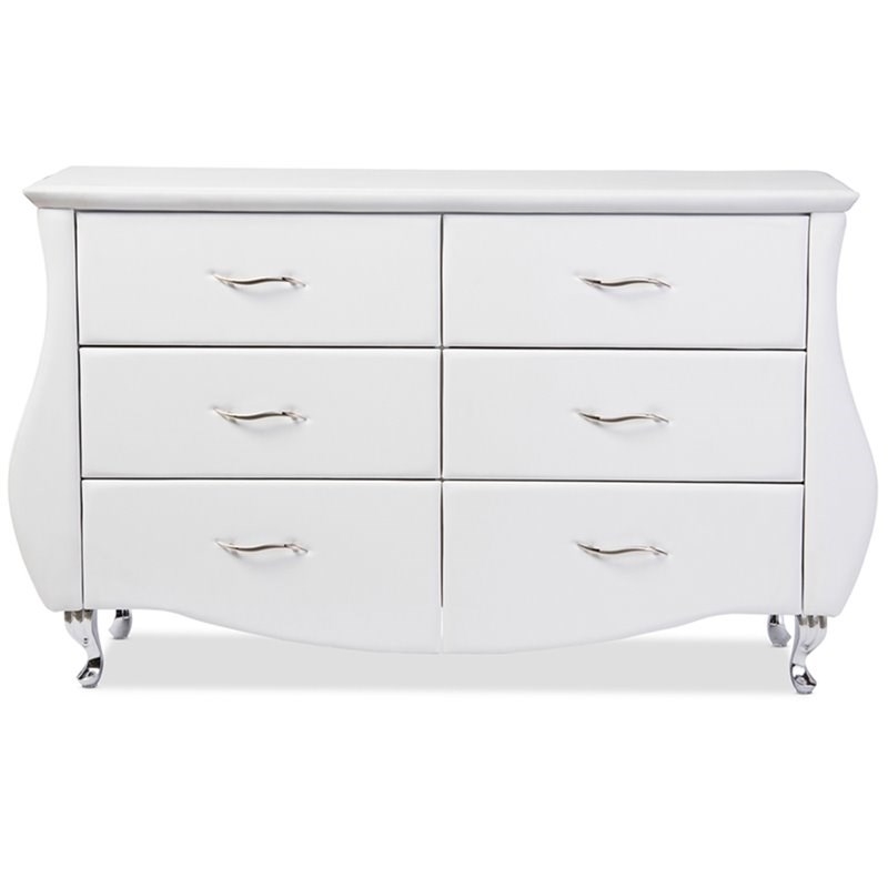 Bowery Hill 6 Drawer Faux Leather Double Dresser in Matte White
