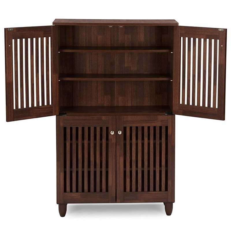 Bowery Hill 4 Door Tall Shoe Cabinet in Oak Brown
