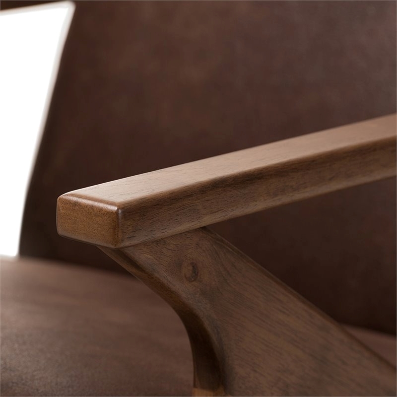 Bowery Hill Mid-Century Wood/Faux Leather Accent Arm Chair with Ottoman in Brown