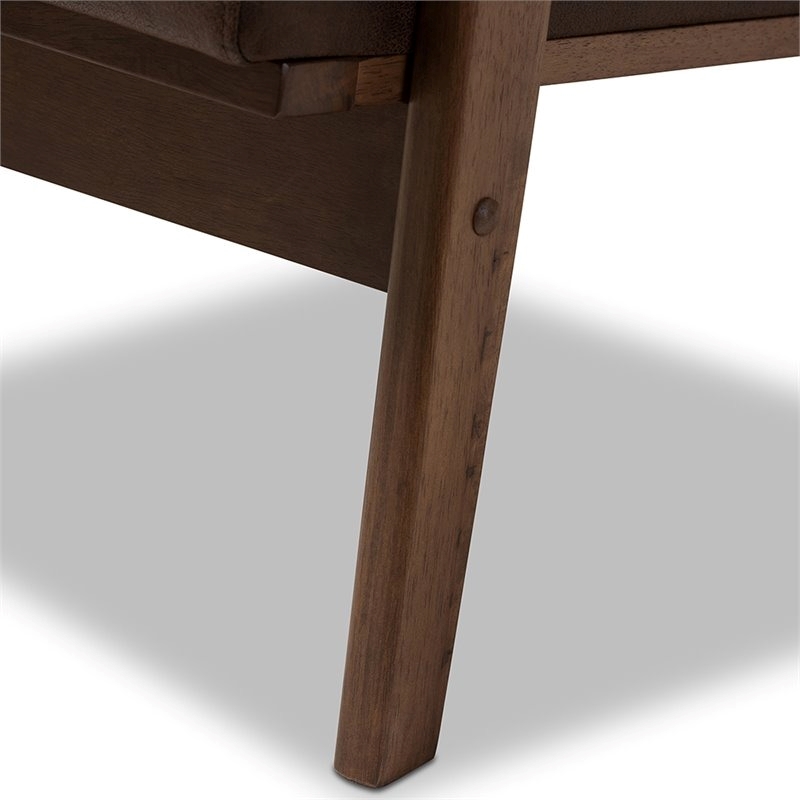 Bowery Hill Mid-Century Wood/Faux Leather Accent Arm Chair with Ottoman in Brown