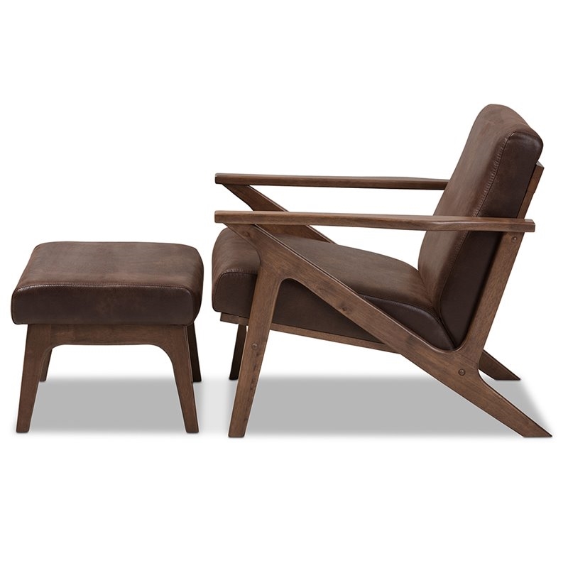 Bowery Hill Mid-Century Wood/Faux Leather Accent Arm Chair with Ottoman in Brown