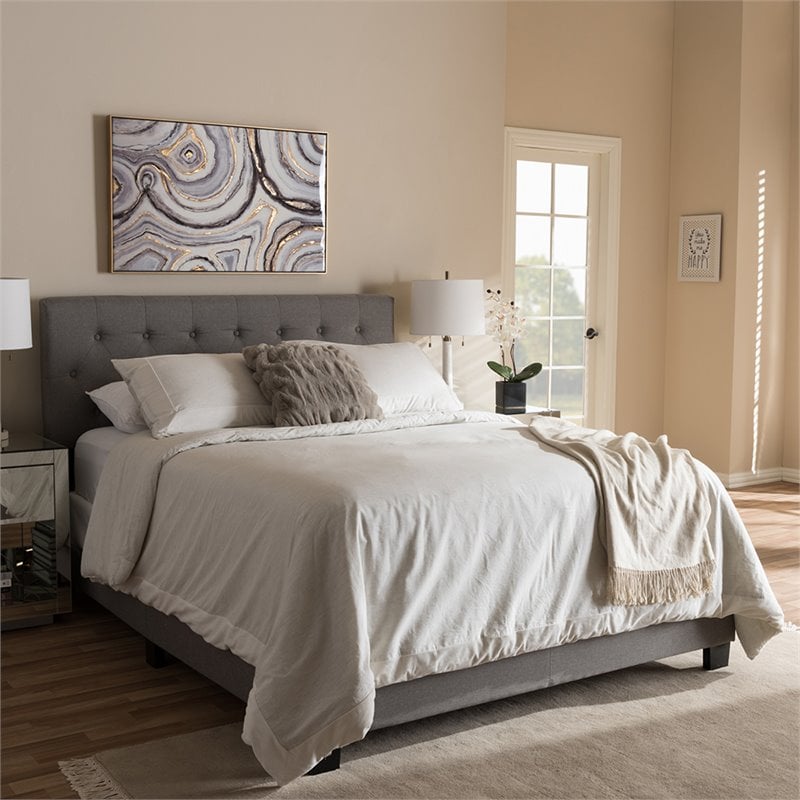 Bowery Hill Contemporary Tufted Full Low Profile Bed in Light Gray