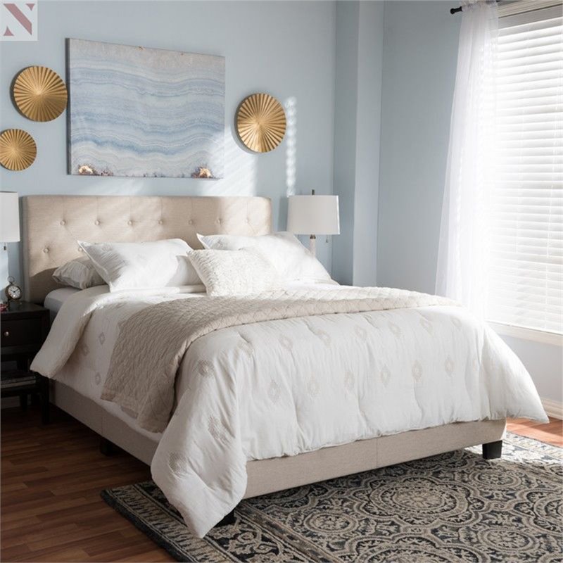 Bowery Hill Contemporary Tufted King Low Profile Bed in Light Beige