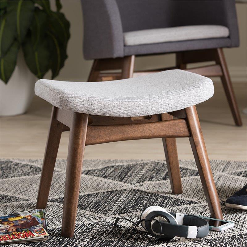 Bowery Hill Mid-Century Upholstered Ottoman in Gray and Walnut Brown