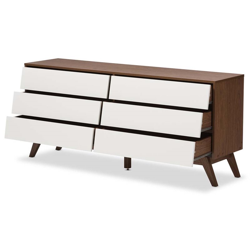 Bowery Hill 6 Drawer Double Dresser in White and Walnut Brown