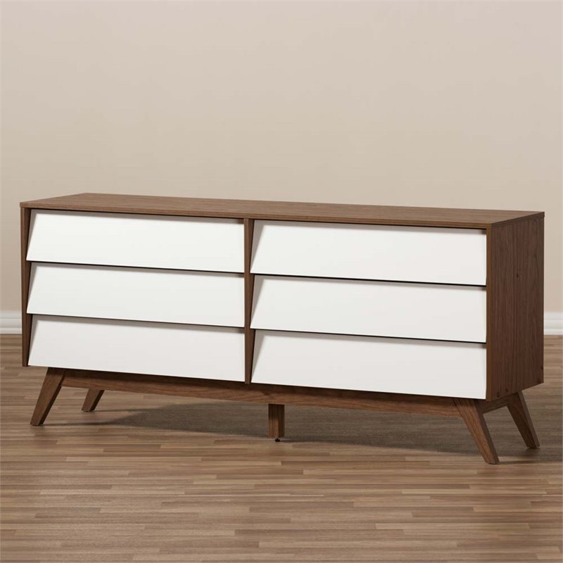 Bowery Hill 6 Drawer Double Dresser in White and Walnut Brown