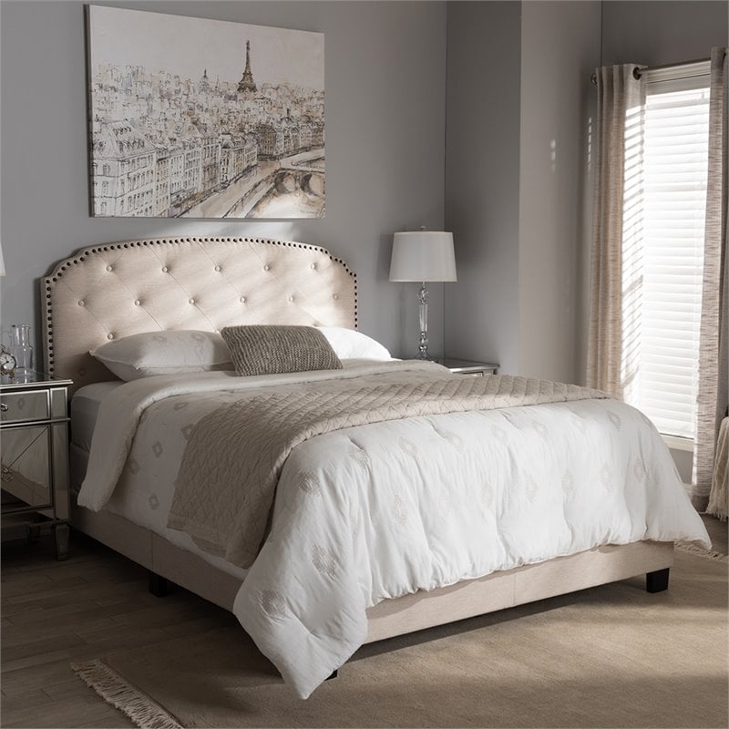 Bowery Hill Modern Tufted Full Low Profile Bed in Light Beige