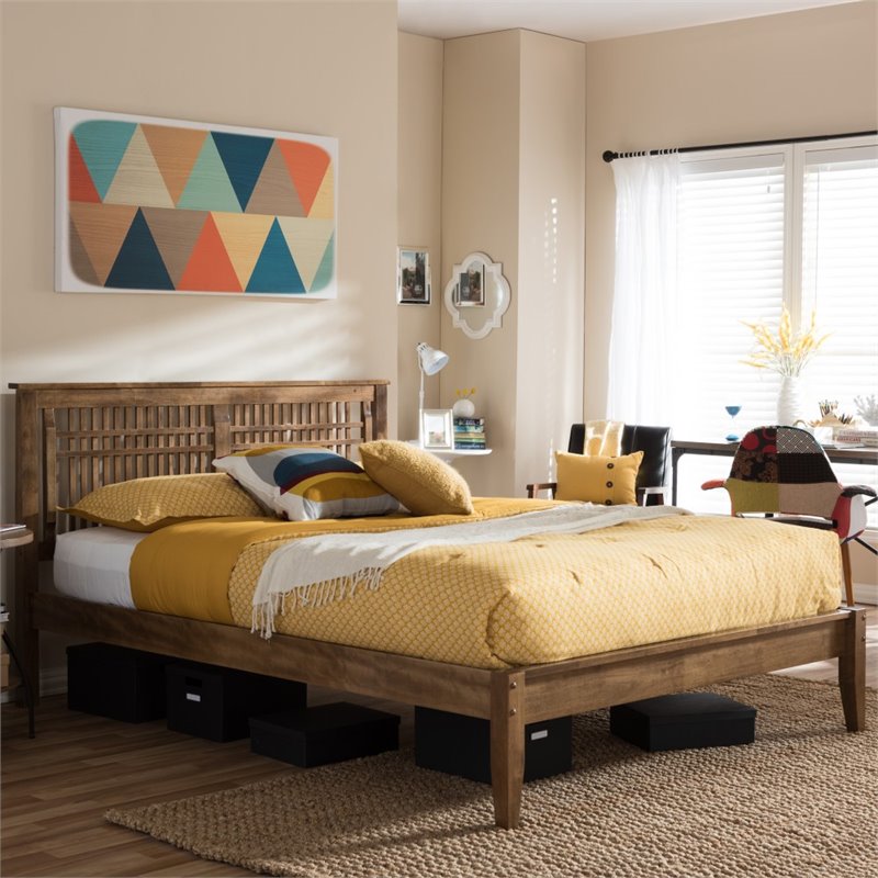 Bowery Hill Rubberwood Walnut Queen Platform Bed Rectangular Modern Self-assembly Required 40.95