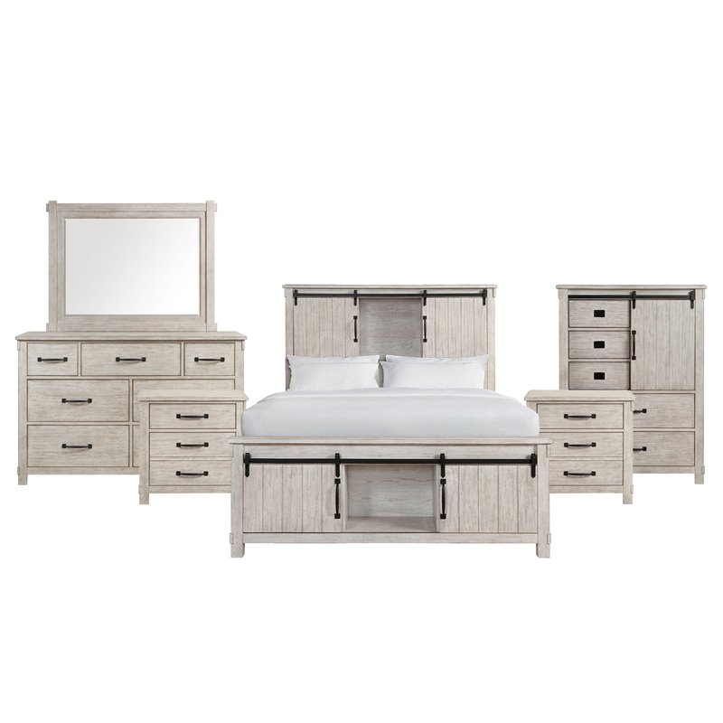 Bowery Hill Rubber Wood 6 Piece Queen Platform Storage Bedroom Set White Washed