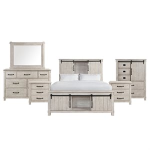Bowery Hill Rubber Wood 6 Piece Queen Platform Storage Bedroom Set White Washed