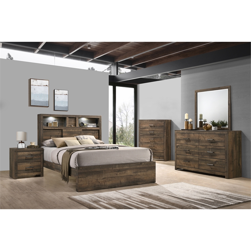 Bowery Hill Mid-Century Queen Bookcase Panel Bed with Bluetooth